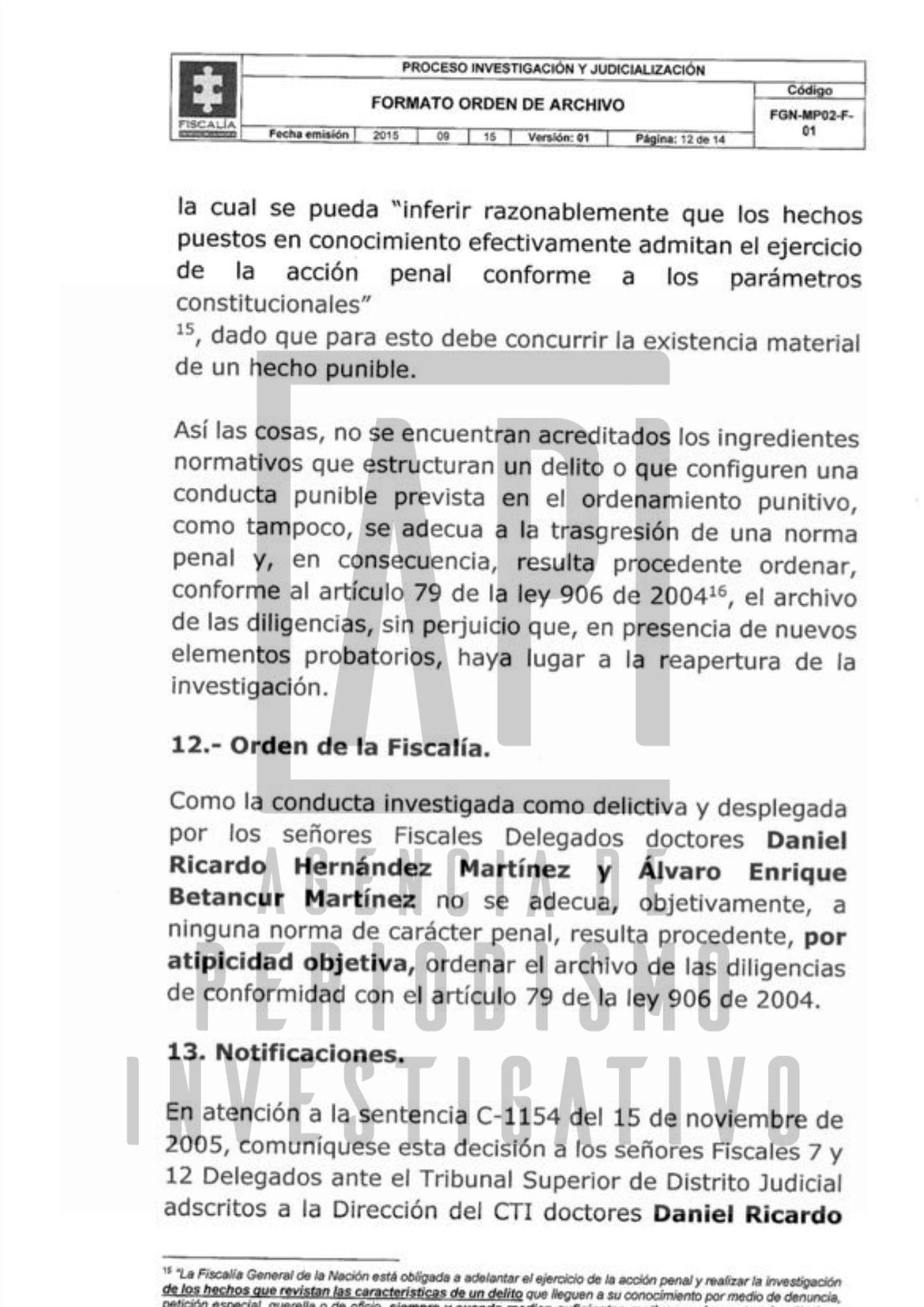 Facsimil de la decisión de la Fiscalía contra los fiscales Hernández y Betancur