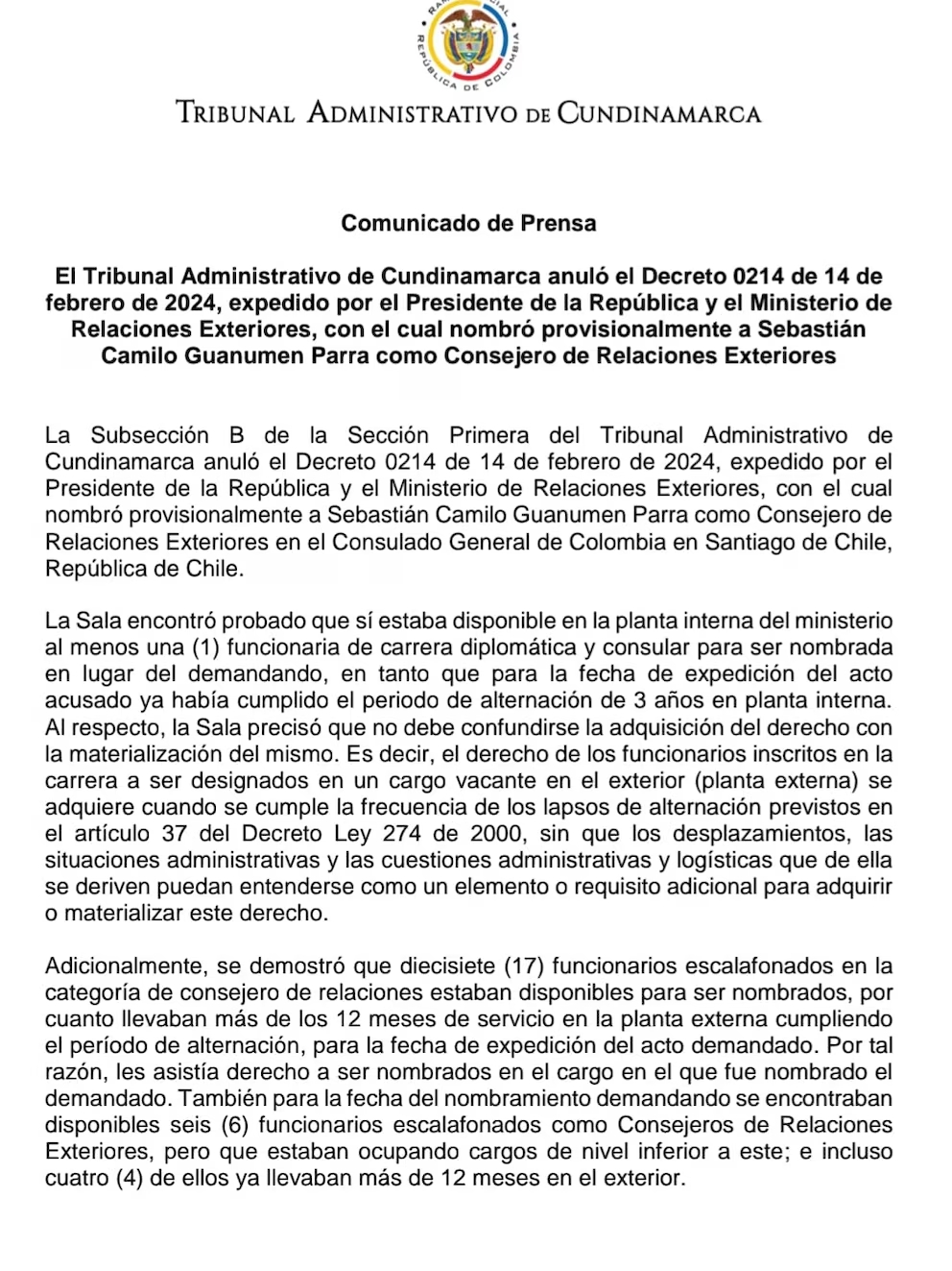 crédito Tribunal administrativo de Cundinamarca