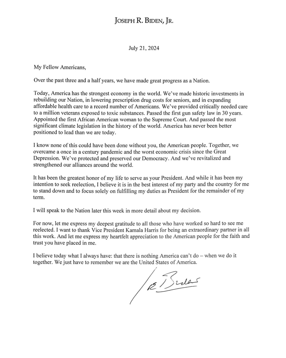 Carta Joe Biden