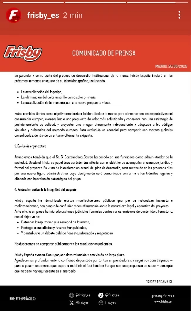 Comunicado oficial tomado de Instagram